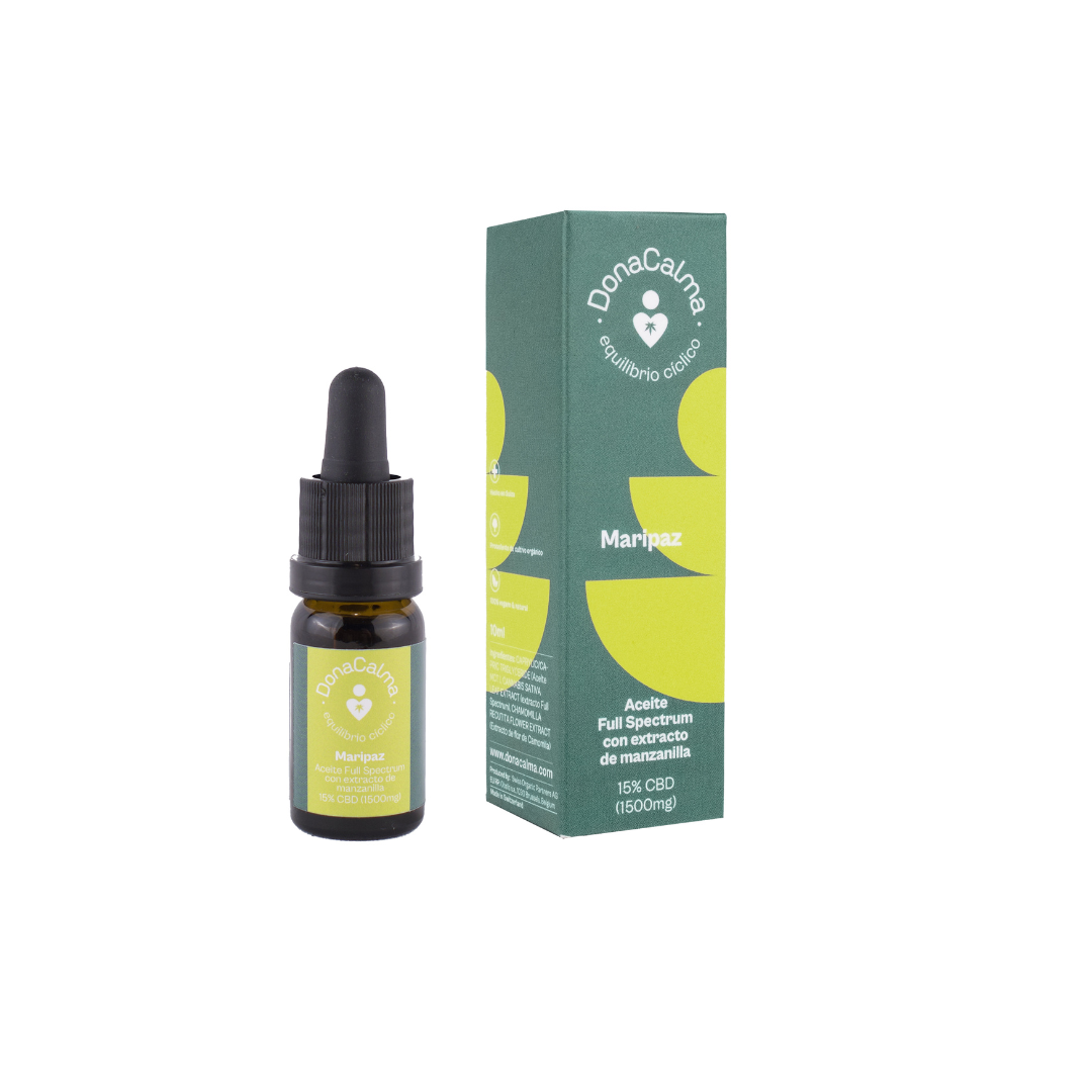 El Aceite Maripaz Full Spectrum 15% de DonaCalma combina extracto de cáñamo ecológico certificado y extracto de manzanilla ecológica para ofrecer una experiencia aromática intensa y equilibrada.